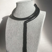 Load image into Gallery viewer, Black leather choker with black beaded tassel, showcasing a versatile design that can be worn in multiple ways.