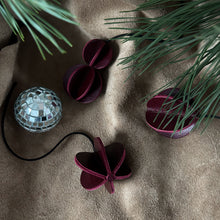 Load image into Gallery viewer, Set of six Christmas ornaments made from upcycled burgundy leather, featuring a trendy design and eco-friendly craftsmanship.