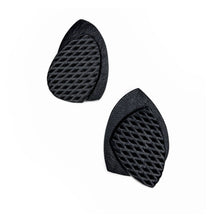 Load image into Gallery viewer, Striking black leather earrings with unique organic shapes, handcrafted from premium upcycled leather. Each pair combines smooth and textured surfaces for a visually contrasting design, ideal for adding a chic, eco-conscious touch to any outfit.