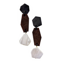 Load image into Gallery viewer, Handcrafted dangle earrings featuring geometric shapes, crafted from upcycled rich brown leather and soft suede, adorned with a pearly ivory shell bead at the bottom
