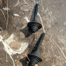 Load image into Gallery viewer, A pair of handcrafted earrings made from upcycled black leather, featuring a sculptural, layered design resembling a spinning top or central axis.