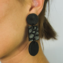 Load image into Gallery viewer, Introducing &#39;Texture Fusion &#39; earrings. A blend of smooth leather circles and an alligator rectangle, creating a captivating texture mix. Comfortable, stylish stud drop design. Embrace sustainable sophistication. WAIWAI