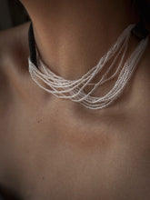 Load image into Gallery viewer, Model wearing black leather and clear glass bead choker, sculptural interlocking necklace by WAIWAI