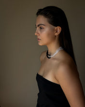 Load image into Gallery viewer, Model wearing black leather and clear glass bead choker, sculptural interlocking necklace by WAIWAI