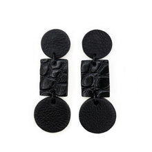 Load image into Gallery viewer, Introducing &#39;Texture Fusion &#39; earrings. A blend of smooth leather circles and an alligator rectangle, creating a captivating texture mix. Comfortable, stylish stud drop design. Embrace sustainable sophistication. WAIWAI