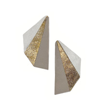 Load image into Gallery viewer, Handcrafted modern leather statement earrings in light hues, including a dazzling gold, inspired by butterfly wings