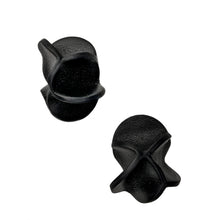 Load image into Gallery viewer, Close-up of Rivelis Earrings, featuring a unique, multi-dimensional design crafted from black, supple leather. The earrings have a nature-inspired, fluid shape that is both lightweight and elegant.