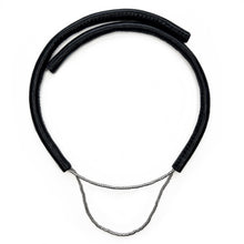 Load image into Gallery viewer, Close-up of a handcrafted leather choker featuring smooth black leather and delicate silver Japanese glass beads, creating a bold yet elegant minimalist design