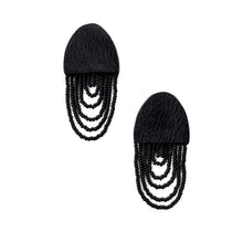 Load image into Gallery viewer, Black leather earrings with cascading shiny bead layers, featuring a textured finish and lightweight, modern design.