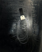 Load image into Gallery viewer, Close-up of  a dangling leather glass bead earring on a dark textured background