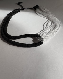 Black leather and transparent glass bead choker necklace, interlocking design, handcrafted by WAIWAI