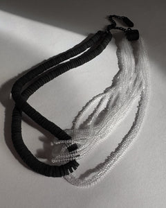 Black leather and transparent glass bead choker necklace, interlocking design, handcrafted by WAIWAI