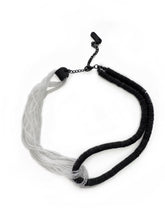 Load image into Gallery viewer, Black leather and transparent glass bead choker necklace, interlocking design, handcrafted by WAIWAI