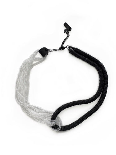 Black leather and transparent glass bead choker necklace, interlocking design, handcrafted by WAIWAI