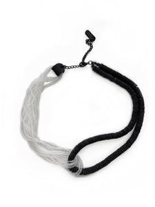 Black leather and transparent glass bead choker necklace, interlocking design, handcrafted by WAIWAI