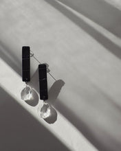 Load image into Gallery viewer, Black alligator-textured leather on earrings, handmade leather jewelry with clear quartz drop