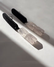 Load image into Gallery viewer, Faceted rose quartz drop detail on black textured leather earrings