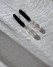 Load image into Gallery viewer, Black textured leather top on handmade rose quartz drop earrings