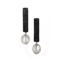 Load image into Gallery viewer, earrings with black alligator-textured leather and clear quartz drop, handmade long statement leather earrings