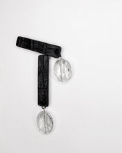 Load image into Gallery viewer, Black alligator-textured leather on earrings, handmade leather jewelry with clear quartz drop