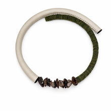 Load image into Gallery viewer, Off white leather tube choker with moss green textured leather and smoky quartz stones