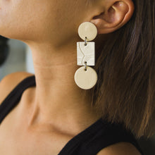 Load image into Gallery viewer, Introducing &#39;Texture Fusion &#39; earrings. A blend of smooth leather circles and an alligator rectangle, creating a captivating texture mix. Comfortable, stylish stud drop design. Embrace sustainable sophistication. WAIWAI