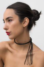 Load image into Gallery viewer, Black leather choker with black beaded tassel, showcasing a versatile design that can be worn in multiple ways.