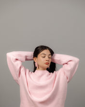 Load image into Gallery viewer, Layered pink leather earrings with rounded geometric shapes on model