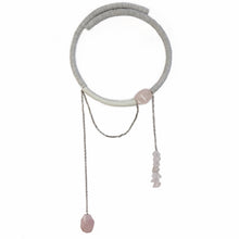 Load image into Gallery viewer, Handmade white leather choker necklace with rose quartz beads, silver chain details, and circular sculptural design on white background.
