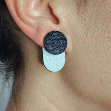 Load image into Gallery viewer, the upcycled leather earrings with the double-sided second part behind the earlobe for a distinctive look